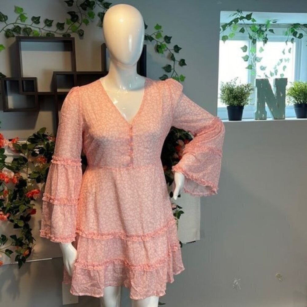 Cupshe Boho Style Varadero‎ Pink V-neck Bell Sleeve Romantic Ditsy Dress size L - Picture 4 of 16